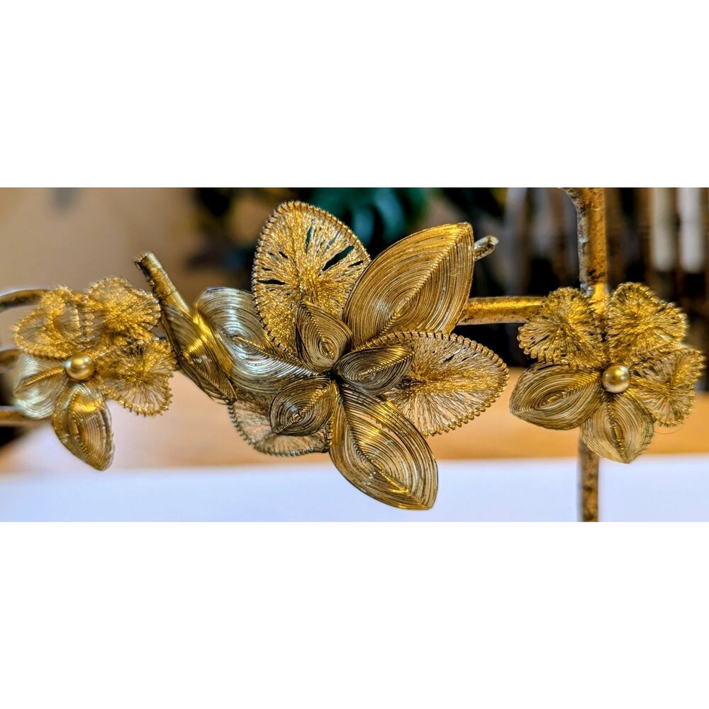 Vtg Germany Earring Brooch Set 50s Gold Wire Spun Faux Pearl MCM Demi-parure